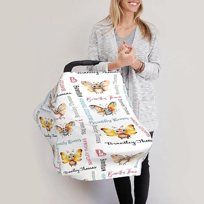 Personalized Baby Car Seat Cover with Name Stroller Canopy Custom Butterfly Carseat Cover Newborn Baby Boy Girl Nursing Cover for Moms First Birthday Gift