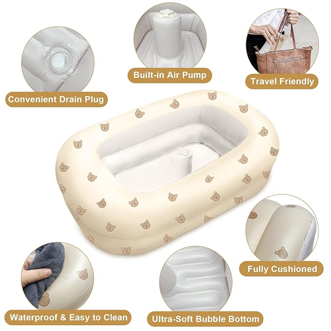 Inflatable Baby Bathtub with Built-in Air Pump, Back Support, Portable Travel Baby Bath Tub, Deflates and Folds Easily, Newborn to Toddler 3-20 Months (Cute Bear)