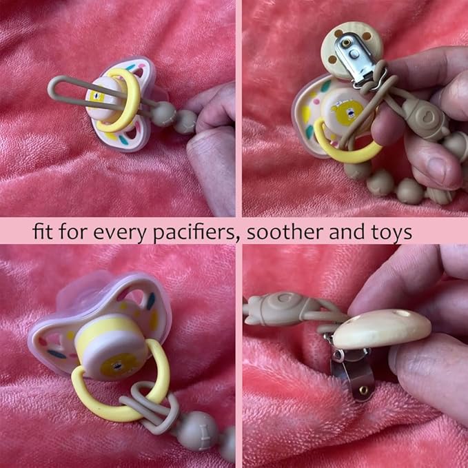 Silicone Pacifier Clips Baby, 5 Pack Soft Flexible Binky Pacifier Clip Holder with One Piece Beads Design for Boys and Girls, Birthday Gift Fits All Soother and Toys (Grey)