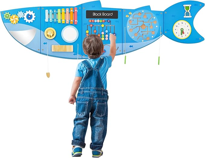 Shark Activity Wall Busy Board Panels,Busy Board for Toddlers Montessori Sensory Toys Wall Mount Wooden Learning Toy Ideal Furniture for Playroom & Children's Daycare