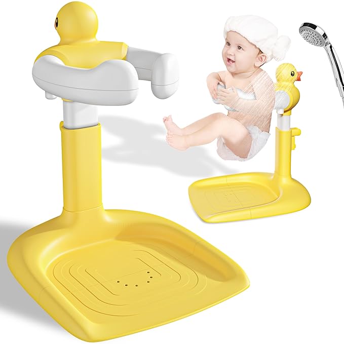 JUNEU Baby Shower Stand, Adjustable Height Baby Bath Stand with Enlarged Anti-Slip Base, Toddler Shower Standing Support, Soporte para Bañera de Bebe, Ideal Gift for Infant 6–36 Months (Yellow Duck)