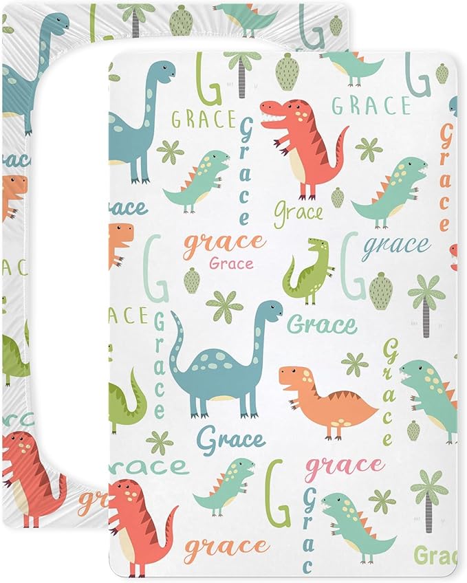 Customized Dinosaur Pack and Play Sheets for Baby Boys, Personalized Mini Crib Mattress Sheets with Monogram Name, Pack n Play Playard Fitted Sheet Playpen Sheet, Soft Breathable Stretchy