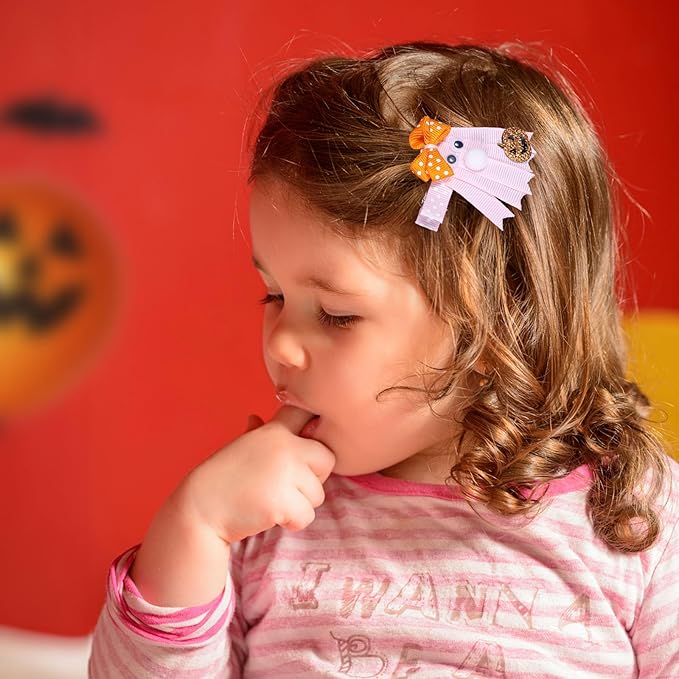 Halloween Ghost Korker Curly Ribbon Hair Bows for Girls, 4 Pcs Cute Pink Ghost Pigtails Hair Clip Barrettes for Baby Toddler Teen Women Trick or Treat Gift Costume Party Decor Accessory