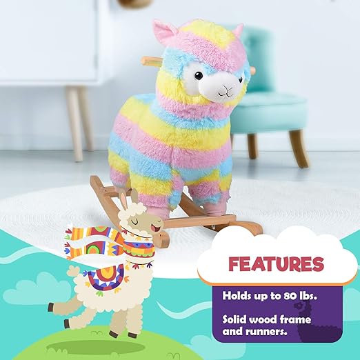 Rainbow Llama Rocker for Toddlers – Soft Plush Ride-On with Wooden Frame | Balance, Coordination, Imaginative Play & Toddler Gift, Ages 18+ Months