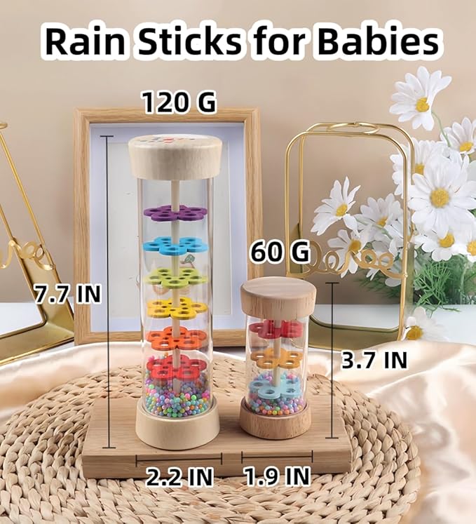 Oneshow Rain Sticks for Kids, Wooden Rainmaker Montessori Toys for Baby 36 Months, Rain Stick Baby Rattle Sensory Development Toys with Calming Rain Sounds Gifts for 3 Year Old Toddler 7.7"& 3.7"