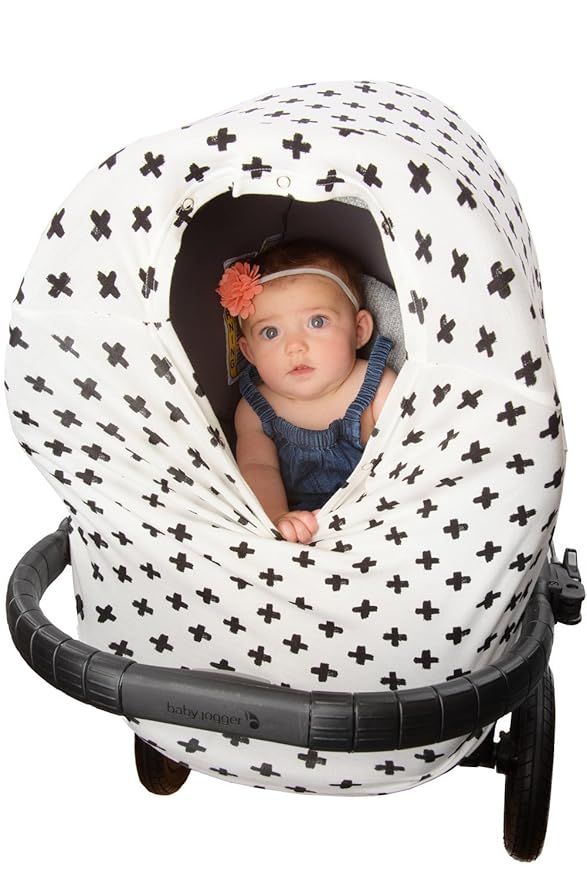 Stretchy Baby Car Seat Cover Canopy with Snaps Multi-use Nursing, Shopping Cart, & High Chair Cover 4 in 1 Design "Cross" Super Soft, Breathable Fabric Baby Shower Gift