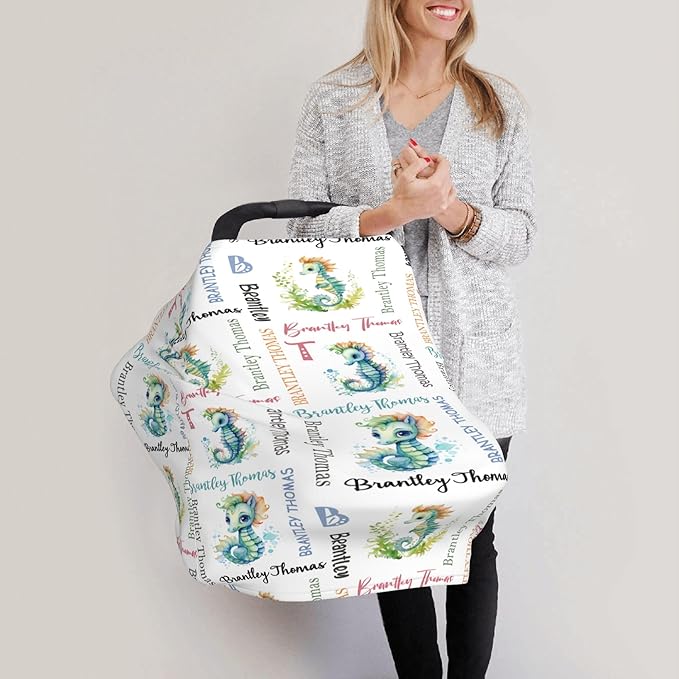 Personalized Baby Car Seat Cover with Name Stroller Canopy Custom Seahorse Carseat Cover Newborn Baby Boy Girl Nursing Cover for Moms First Birthday Gift