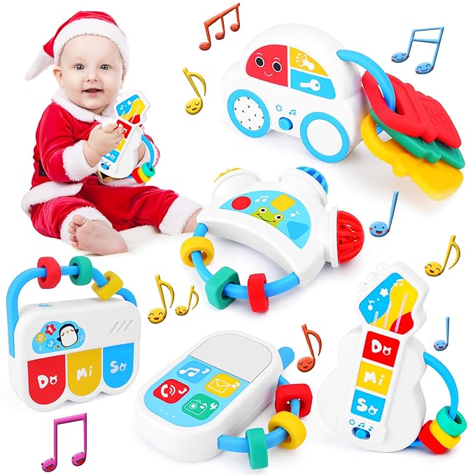 Baby Sensory Toys - 5PCS Baby Rattle Teething Toys Kits with Music, Infant Newborn Montessori Toys for Boys Girls 0-18 Months, Toddler Travel Toys Christmas