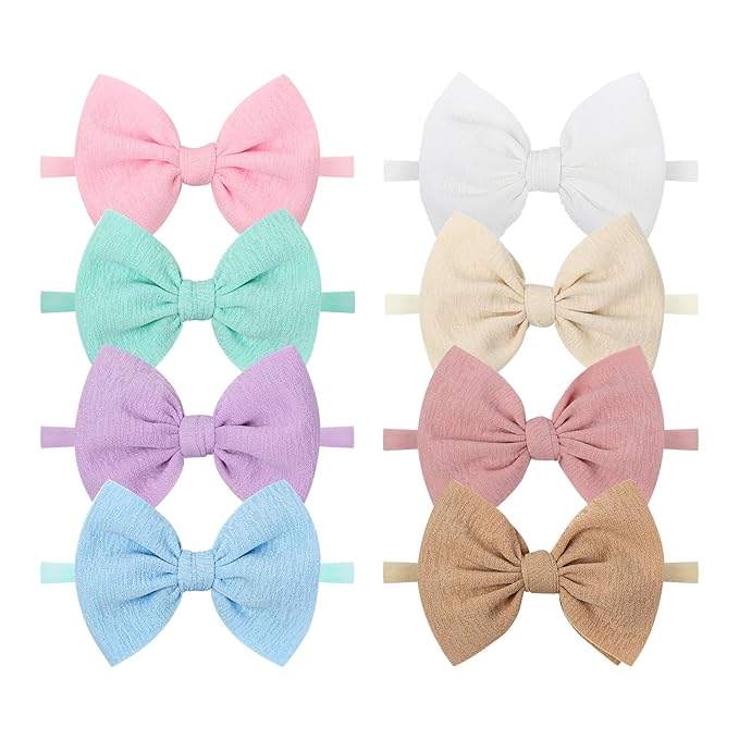 8PCS Baby Girl Headbands with Bows Slub Fabric Macaron Hair Bow Stretchy Hair Bands for Newborn Infant Toddler Little Girls Hair Accessories