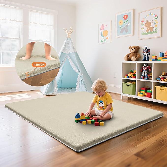 Omzer Baby Play Mat for Floor - 1.3" Thick Foam 71x79 Inch Playpen Mats with Removable & Washable Cover for Tummy Time, Soft Coral Velvet & Non-Slip Crawling Pad for Babies, Toddlers, Infants - Khaki
