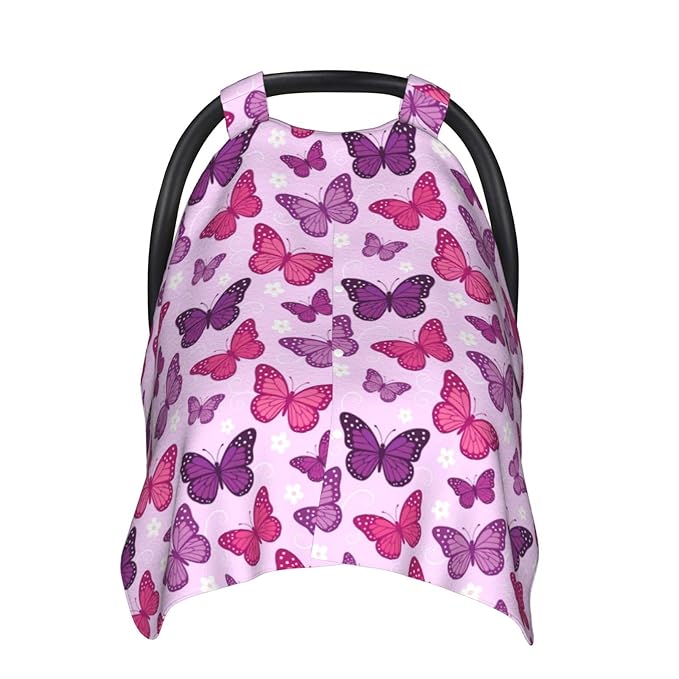 Butterfly Car Seat Canopy Cover for Baby, Nursing Cover for Newborn, Pink Butterfly Baby Girl Stuff Stroller Cover for All Seasons