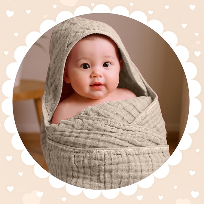Peryiter 6 Pcs Muslin Hooded Baby Towels, 32"x 32" Cotton Newborn Bath Towel Muslin Infant Baby Blankets Absorbent Unisex Newborn Registry Gift Essentials for Girls Boys (Brown and Pink Series)