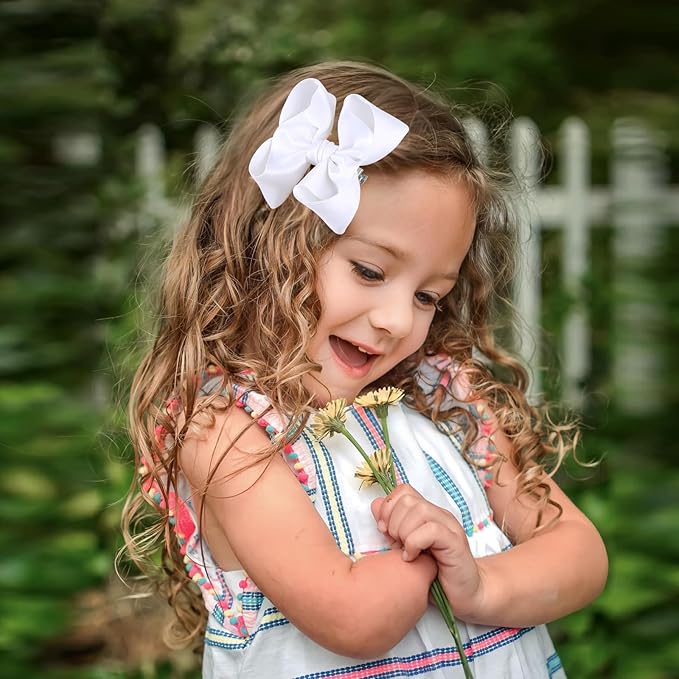 OAOLEER 2PCS 3.5inch Hair Bows for Girls，White Stain Ribbon Hair Bows Alligator Clips Hair Accessories for Back To School Teen Toddler Girls Kids (White)