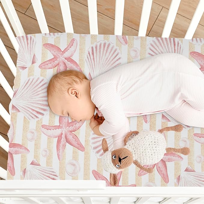 Fitted Crib Sheets Vintage Seashells and Starfish Stretchy Portable Playard Sheets for Baby Toddler, Breathable Soft Mini Crib Mattress 39 x 27 in for Boys and Girls