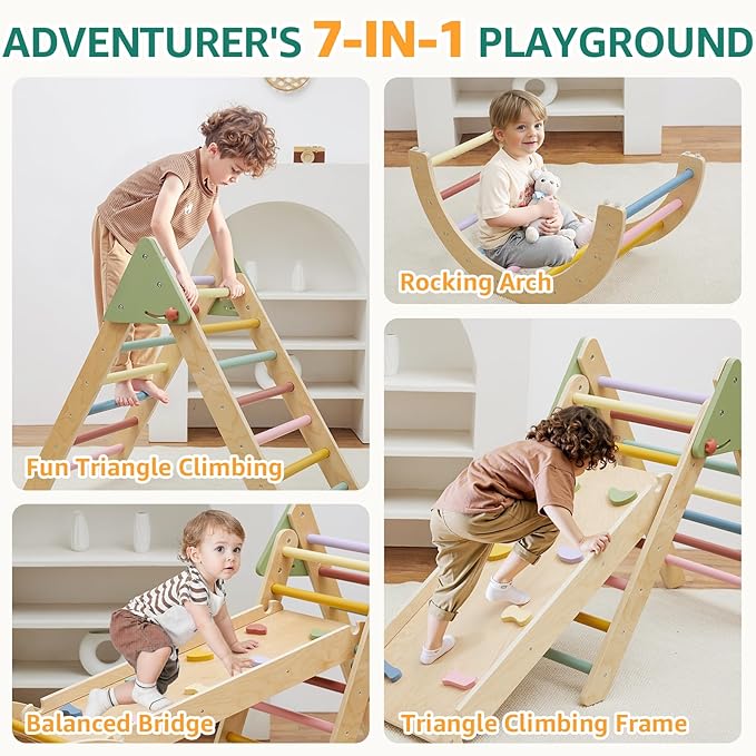 3in1 Pikler Triangle Set, Pikler Triangle Climbing Toys Set for Toddlers, Wooden Toddler Climbing Toys Indoor Playground, Foldable Montessori Climbing Set with Arch&Ramp&Ladder, Jungle Gym for Kids