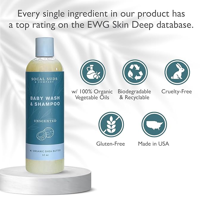 SoCal Suds & Company Baby Body Wash & Shampoo - Shea Moisture for Sensitive Skin - Fragrance Free Hair & Body Soap - Gentle Bath Products for Toddlers & Babies - 2 Pack Fragrance Free12oz Bottles