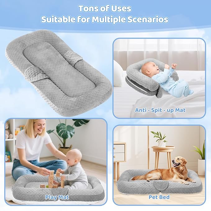 Baby Lounger for Newborn,0-12 Months,Foldable Soft Infant Lounger Pillow for Home and Travel, Baby Nest Lounger with Cover,Multi-Use Portable Baby Lounger for Supervised Play&Tummy Time, Grey