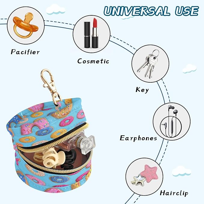 Pacifier Holder with Clip Pacifier Case for Diaper Bag Round Baby Pacifier Pouch Box Bag Portable Colorful Cartoon Donuts
