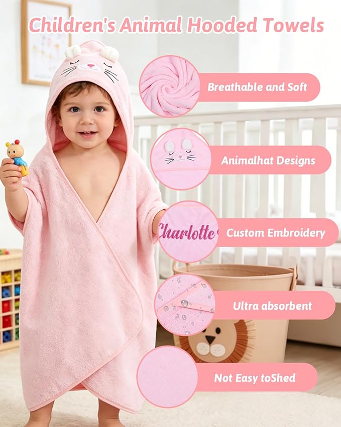 Personalized Baby Bath Towels for Newborn, Custom Cute Animal Hooded Towels with Embroidered Name,Soft Coral Fleece Blanket For Toddlers 1-3,Highly Absorbent Bathrobe Blanket Gifts for Boys & Girls