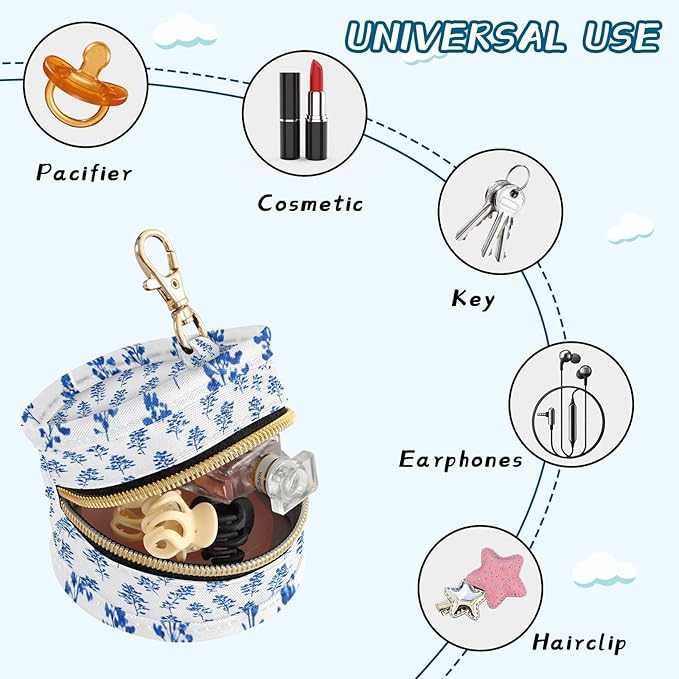 Pacifier Holder with Clip Pacifier Case for Diaper Bag Round Baby Pacifier Pouch Box Bag Portable Small Bluebonnet Flower