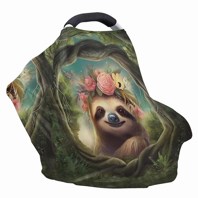 Wanyint Sloth Flower Stretchy Baby Car Seat Covers, Carseat Canopy, Baby Breastfeeding Stroller High Chair Shopping Cart Cover, Multi-Function Nursing Scarf, Infant Stroller Cover