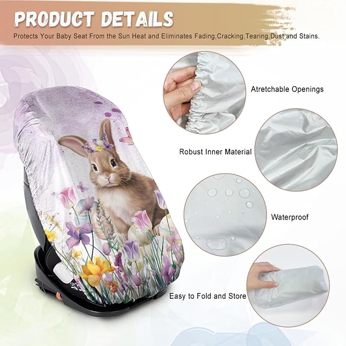 XYZCANDO Rabbit Print Car Seat Sun Cover for Baby Easter Print Summer Carseat Cover Protect from Sun/Hot Days Washable Baby Car Seat Shade Cover for UV Rays Protection Gift for Holiday