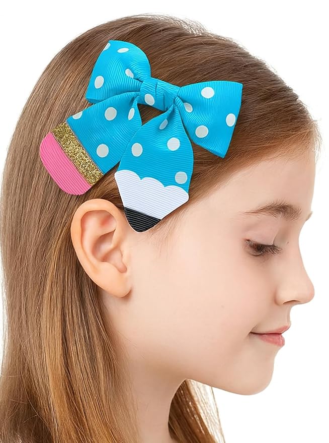 YKW Blue Polka Dot Pencil Hair Bow Clip for Girls - Cute School Themed Grosgrain Ribbon Accessory with Secure Metal Fastener - First Day Teacher Gift - 3.9 Inch
