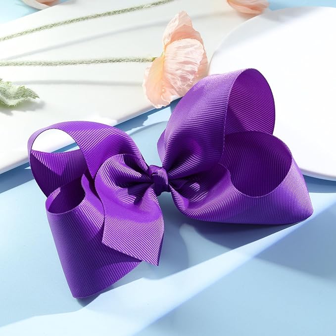 Oaoleer Hair Bows Clips, 2PCS 6inch Purple Layered Grosgrain Ribbon Bows Hair Alligator Clips for Baby Girls Infants Toddlers Kids Teens Children