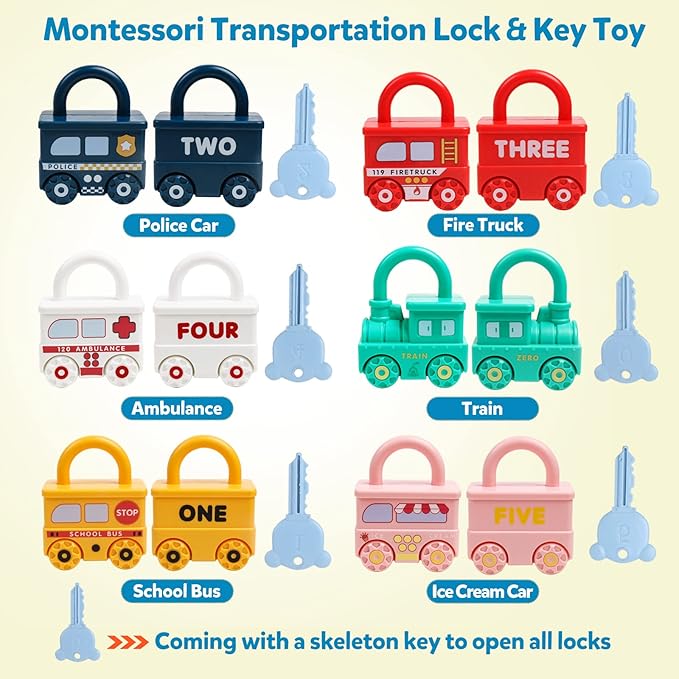 Montessori Learning Toys Sorting & Matching Locks and Keys Toddlers Sensory Car Activity Fine Motor Toy, Birthday Party Favors Thank You Exchange Gifts Back to School Stuffers for Kids Age 2-5 Years