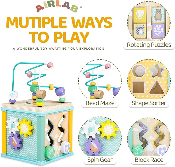 Airlab Wooden Activity Cube Montessori Toys for 1 2 3 Year Old Baby Toys 12 Months Toddlers 1-3 Birthday Gift Boys Girls Sensory Interactive Learning Toys