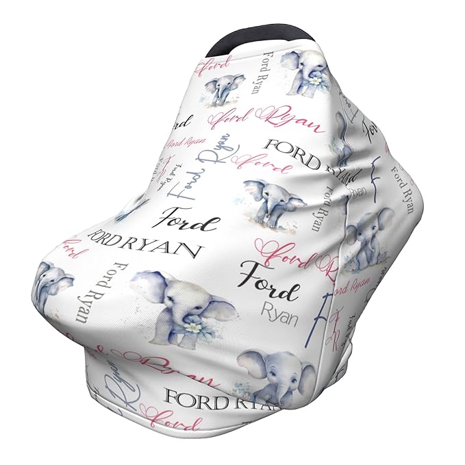 Personalized Baby Car Seat Covers for Babies, Custom Elephant Nursing Breastfeeding Carseat Canopy with Name, Infant Stroller Covers for Newborn Girls Boys, Breathable Carseat Cover
