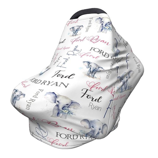 Personalized Baby Car Seat Covers for Babies, Custom Elephant Nursing Breastfeeding Carseat Canopy with Name, Infant Stroller Covers for Newborn Girls Boys, Breathable Carseat Cover