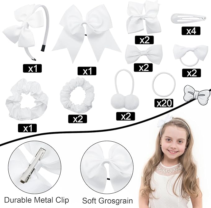 LACGO Pack of 37 School Uniform Hair Bow Accessories - Wedding Bridesmaid Grosgrain Hair Clips Bow Headband Ribbon Alligator Ponytail Holder for Toddlers Teen Girls Uniform Party Prom(White)