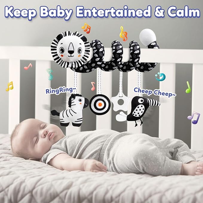 GKDOMS Baby Carseat Toy Black & White Rattle Spiral Hanging Activity Stroller Toy for Newborns Boys and Girls - Lion