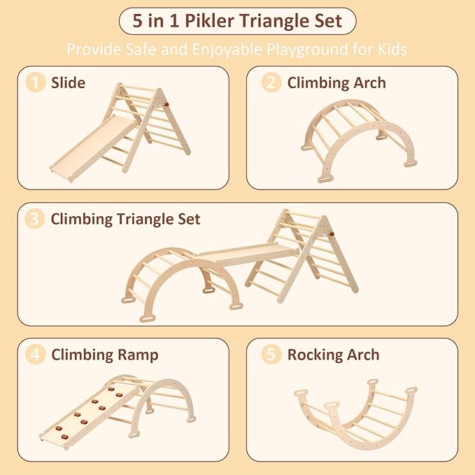 PairPear Foldable Pikler Triangle Climbing Set for Kids, 7 in 1 Montessori Large Wooden Climbing Toys Indoor Jungle Gym with Rocker Arch, Ramp & Slide for Toddlers 18 Months+