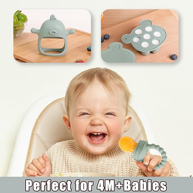 6-in-1 Baby Fruit Feeder Pacifier & Baby Food Feeder Set – Silicone Breastmilk Popsicle Mold with Freezer Tray, Teething Relief Toy, BPA Free Infant Feeder, 3 Sizes (S/M/L) Sacs (Pea Green)