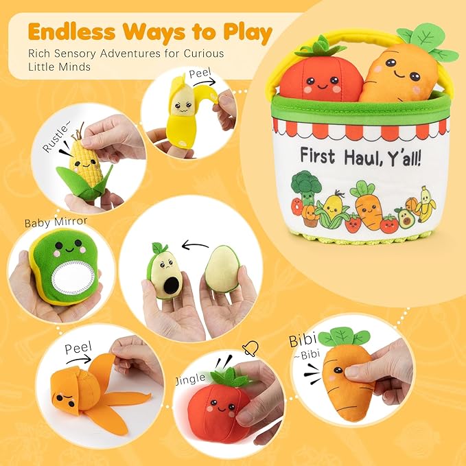 Montessori Toys for 1 Year Old – My First Shopping Trip Baby Sensory Toy, Color Sorting Play Food with Crinkle & Rattle, Fine Motor Skills Learning Gift for 1 2 3 Year Old Boy Girl Birthday Christmas