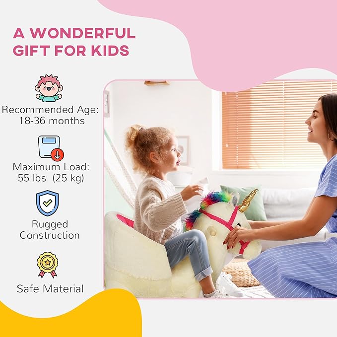 Qaba Kids Rocking Horse, Ride on Unicorn with Realistic Sounds, Safety Belt & Wooden Base, Plush Animal Rocker for Toddlers 18-36 Months, Cream White