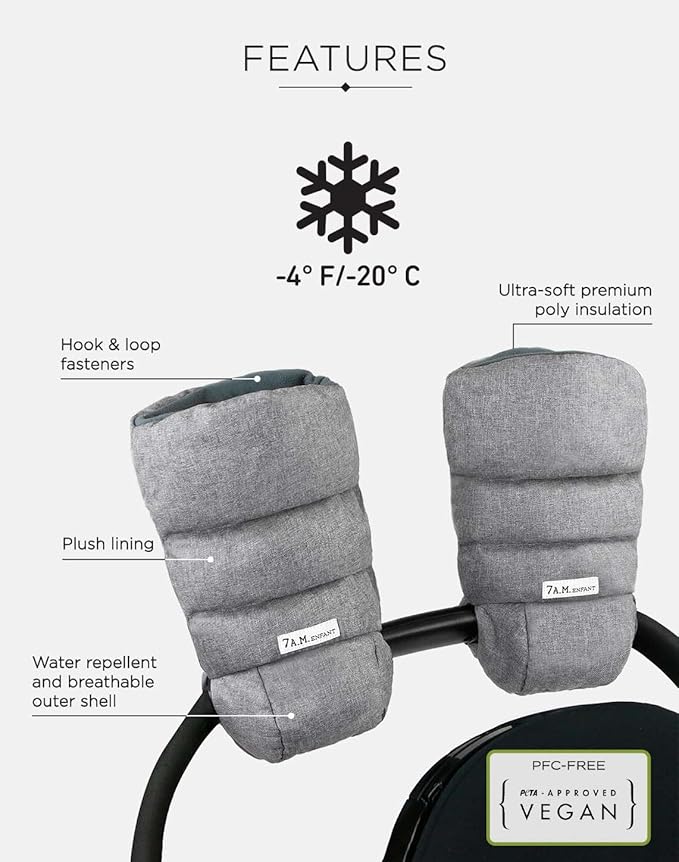 7AM Enfant Stroller Warmmuffs Gloves - Anti-Freeze Stroller Mittens for Handlebars, Water Repellent Hand Warmer Muff for Cold Weather, Plush Lined Stroller Warmmuffs | Winter Stroller Accessories