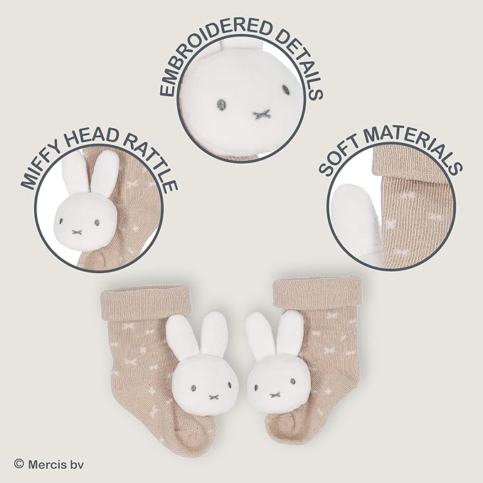 Kids Preferred Miffy Baby Foot Rattle Set - Super Soft Rattles, Neutral Colors, Soft Sensory Elastic Socks, Embroidered Details, Ages 0 to 9 Months