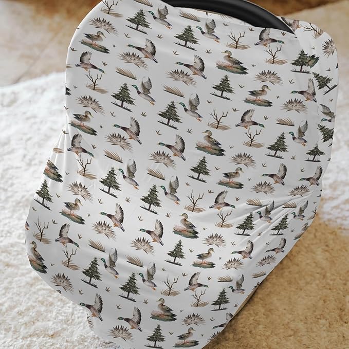 Retro Duck Hunting Car Seat Cover for Babies Vintage Flying Mallards Stretchy 5-in-1 Cover Adjustable Car Canopy Cover Wild Ducks Trees Leaves Breathable Nursing Cover-Up