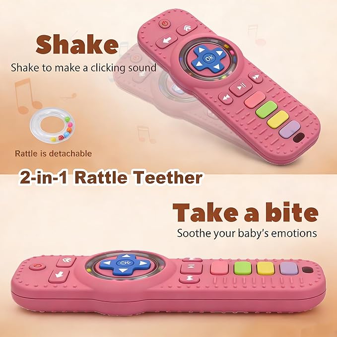 Teething Toys for Baby, Sensory Baby Chew Toy, Rattle Teether Toys for Babies 0-3-6-12 Months, Silicone TV Remote Control Shape for New Baby Gift (Pink)