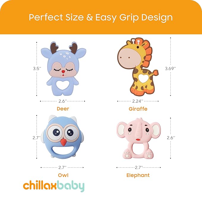 CHILLAX Teether Toys - Soothing Baby Teething Relief Toys, Helps Relieve Gum Pain - Soft, Easy-to-Grip, Non-BPA Silicone Teethers for Babies - Dishwasher-Safe - Shower Gifts for Infants 3+ Months Old