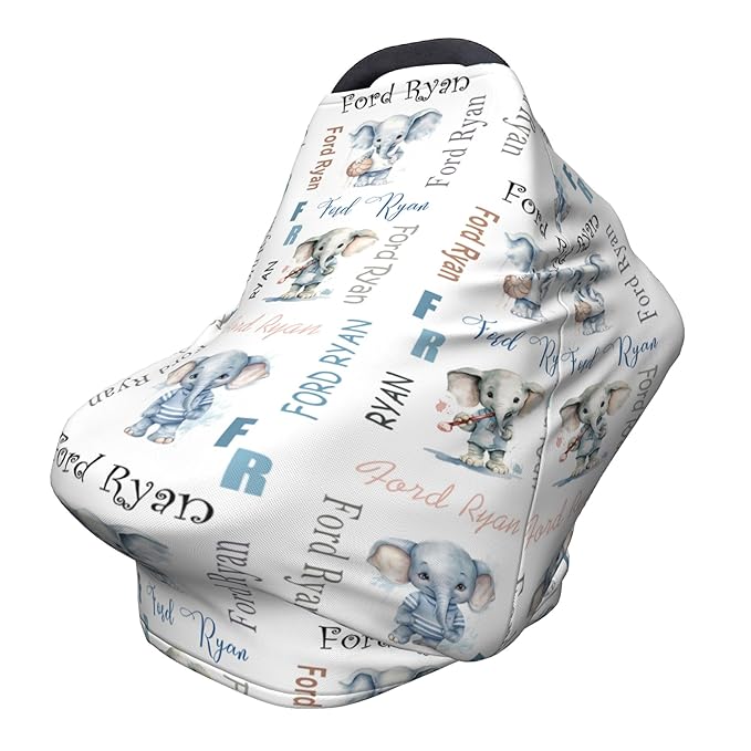 Personalized Baby Car Seat Covers for Babies, Custom Elephant Nursing Breastfeeding Carseat Canopy with Name, Infant Stroller Covers for Newborn Girls Boys, Breathable Carseat Cover