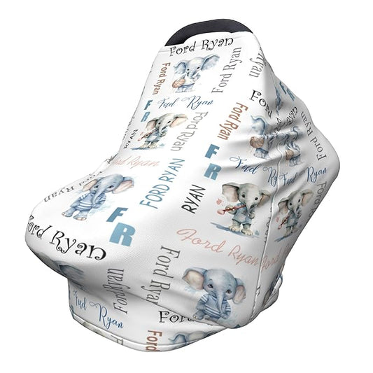 Personalized Baby Car Seat Covers for Babies, Custom Elephant Nursing Breastfeeding Carseat Canopy with Name, Infant Stroller Covers for Newborn Girls Boys, Breathable Carseat Cover