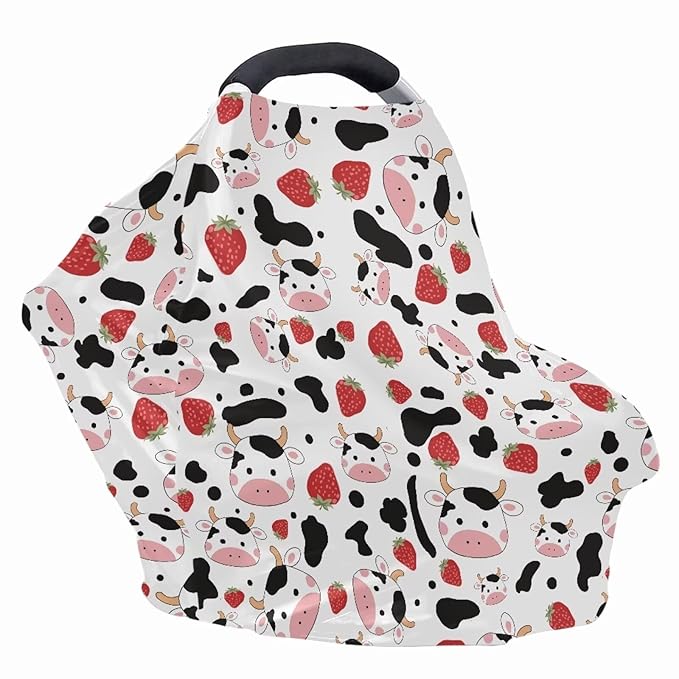 Wanyint Cow Strawberry Print Stretchy Nursing Scarf Car Seat Canopy Baby Car Seat Cover, Baby Breastfeeding Stroller High Chair Shopping Cart Cover, Breathable Nursing Cover for Boys Girls