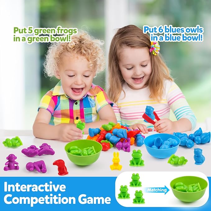 GKDOMS Counting Animals Toys Matching Game with Sorting Bowls Preschool Learning Activities Montessori Sensory Toys for Math Color Sorting, Party Favors Birthday Exchange Gifts for Kids
