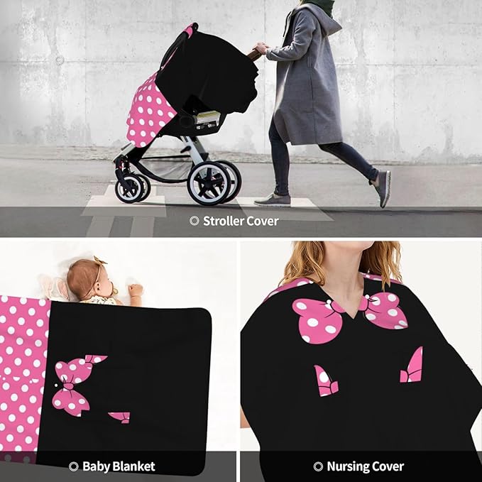 Pink Black Bow Polka Dot Car Seat Canopy Cover, Universal Fit for Infant Car Seats，Breathable,Multi-Use Nursing Cover, Gift Ready