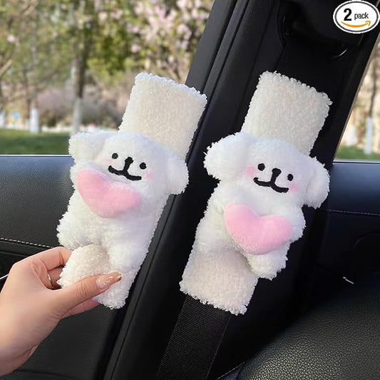 2 PCS Seat Belt Cover Pad, Cute Kawaii Animal Dog Seatbelt Covers for Kids and Women, Winter Plush Fluffy Soft Seat Belt Cover, Cartoon Seatbelt Cushion,Car Seat Strap Pads (B-Dog)