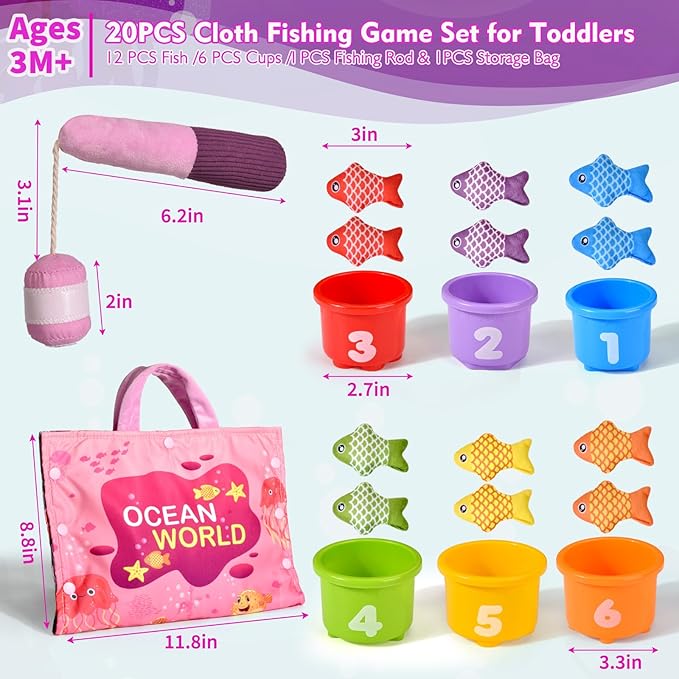 Montessori Toys for 1 Year Old Girl Gifts, Pink Cloth Fishing Toy for Toddler 1-3, Fine Motor Skills Toy Sorting Learning Baby Toys 6-12-18 Months, Toddler Toys for Baby Easter Gifts